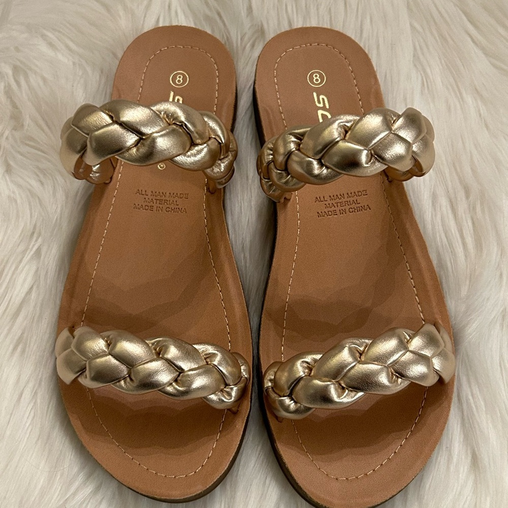 SODA Gold Braided Sandal, Size 8.